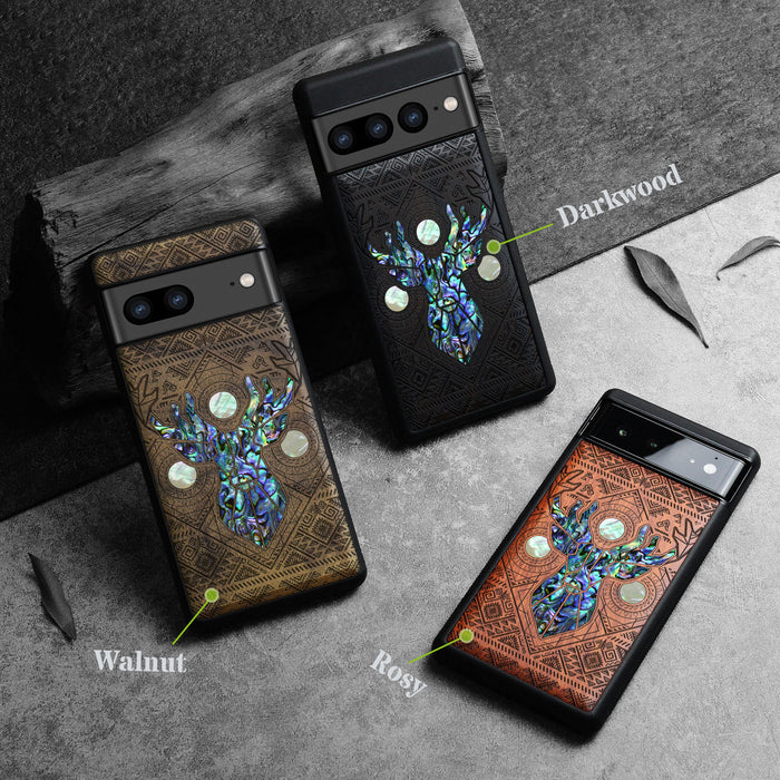 Aztec Geometric Deer, Hand-Inlaid Wood & Mother of Pearl Case - Artisanal Cover for Google Pixel