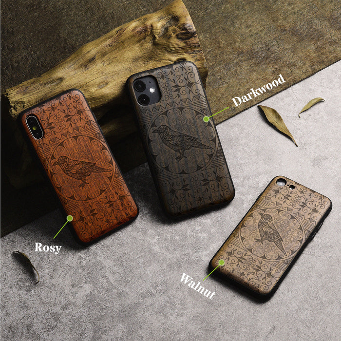 The Zentangle Crow, Classic Engraved Wood & TPU Case - Artisanal Cover for Apple iPhone