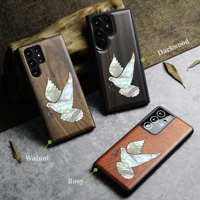 The Dove with Olive Branch, Hand-Inlaid Wood & Mother of Pearl Case - Artisanal Cover for Samsung Galaxy