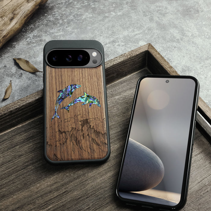 Dual Dolphins in the Waves, Hand-Inlaid Wood & Mother of Pearl Case - Artisanal Cover for Google Pixel
