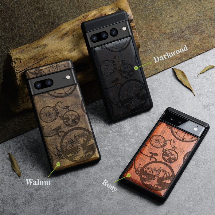 Bicycle Adventure, Classic Engraved Wood & TPU Case - Artisanal Cover for Google Pixel