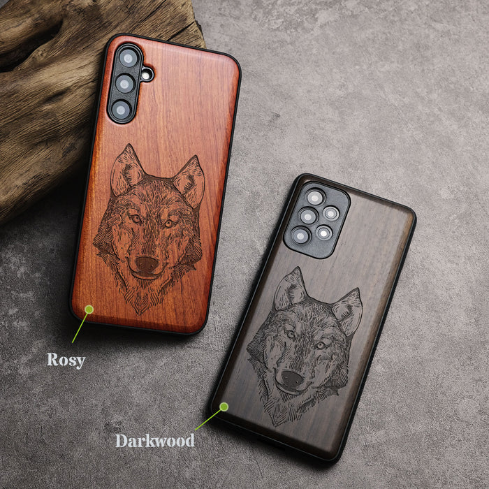 Realistic Wolf Linework Art, Classic Engraved Wood & TPU Case - Artisanal Cover for Samsung Galaxy