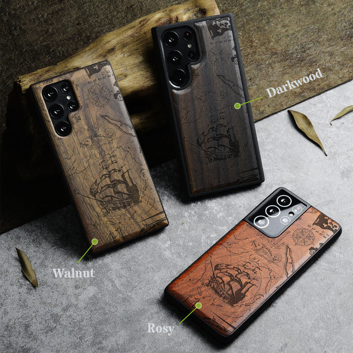 Voyage of Legends, Classic Engraved Wood & TPU Case - Artisanal Cover for Samsung Galaxy