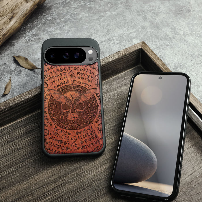 Bat and Skull within the Octagonal Star, Classic Engraved Wood & TPU Case - Artisanal Cover for Google Pixel