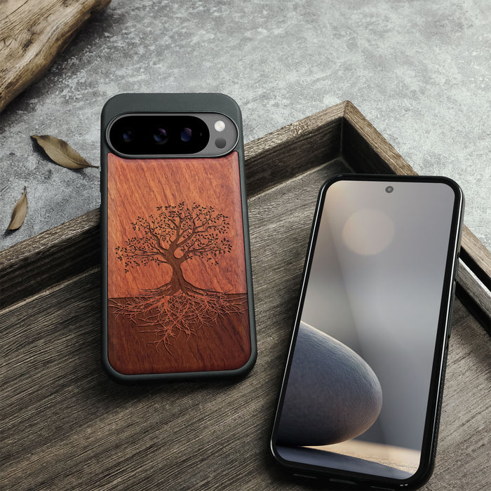 Yin Yang Tree, Classic Engraved Wood & TPU Case - Artisanal Cover for Google Pixel