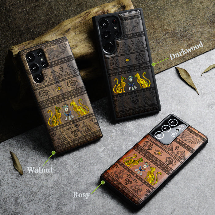 The Symbols of Egypt, Hand-Inlaid Wood & Mother of Pearl Case - Artisanal Cover for Samsung Galaxy