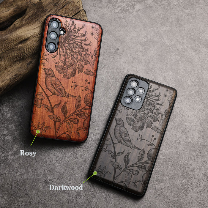 The Chrysanthemum and the Songbird, Classic Engraved Wood & TPU Case - Artisanal Cover for Samsung Galaxy