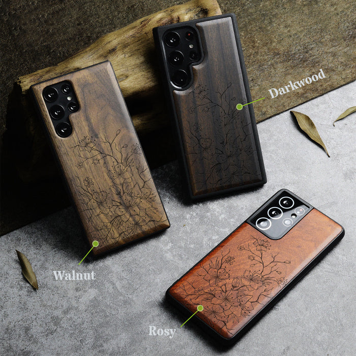 Sakura Sketch, Classic Engraved Wood & TPU Case - Artisanal Cover for Samsung Galaxy