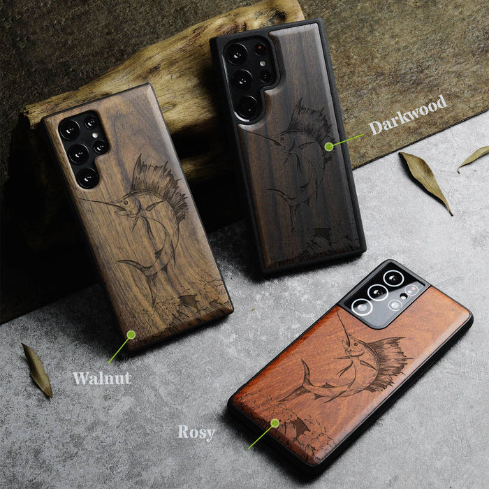 The Soaring Marlin, Classic Engraved Wood & TPU Case - Artisanal Cover for Samsung Galaxy