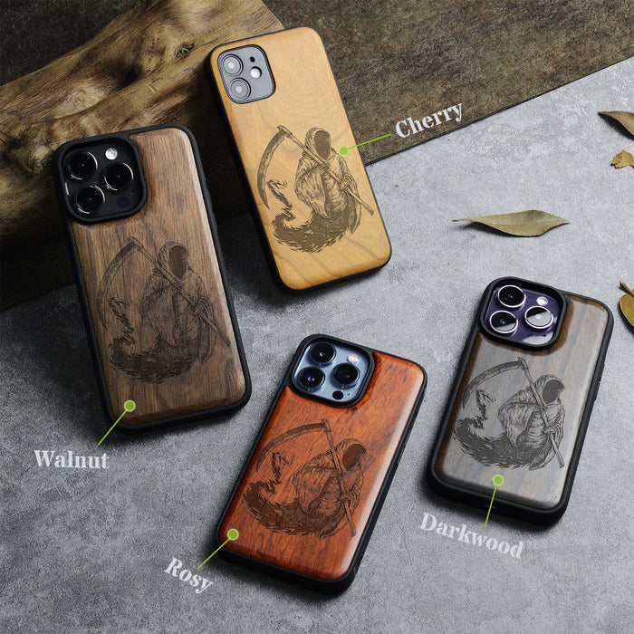 The Grim Reaper, Classic Engraved Wood & TPU Case - Artisanal Cover for Apple iPhone