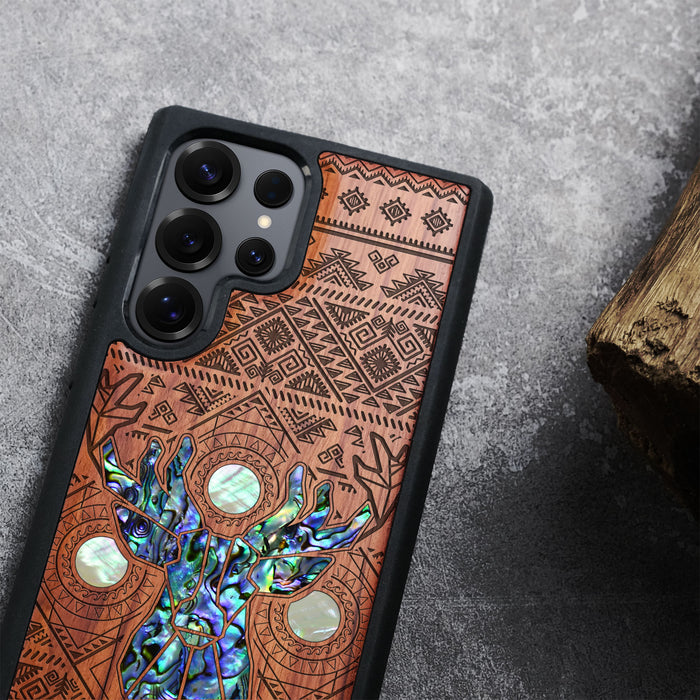 Ancient Geometry Stag, Hand-Inlaid Wood & Mother of Pearl Case - Artisanal Cover for Samsung Galaxy
