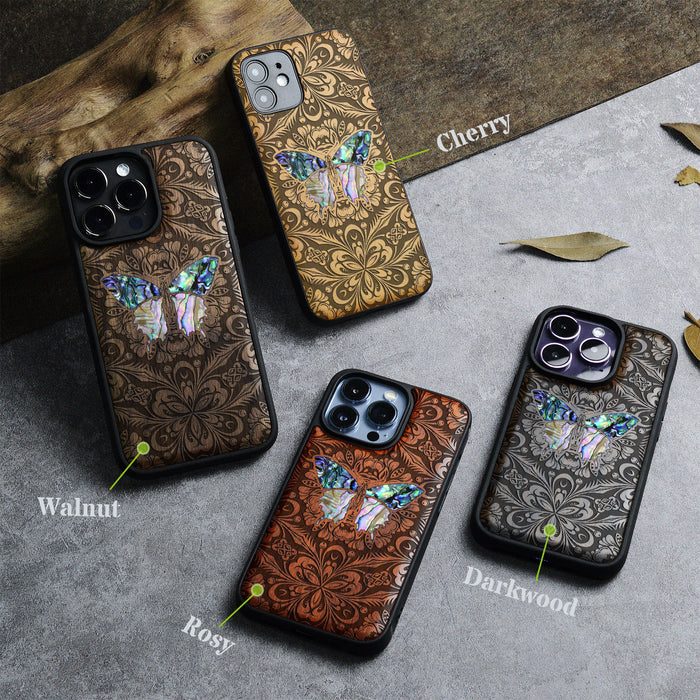 Baroque Butterfly, Hand-Inlaid Wood & Mother of Pearl Case - Artisanal Cover for Apple iPhone