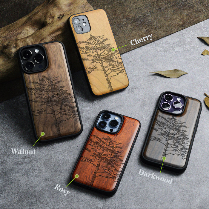 Vintage Pine Tree Sketch Classic Engraved Wood & TPU Case Apple iPhone Artisanal Case View