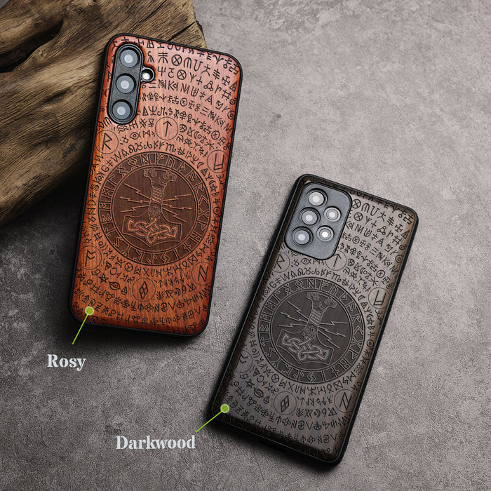 Mjölnir and the Runes, Classic Engraved Wood & TPU Case - Artisanal Cover for Samsung Galaxy