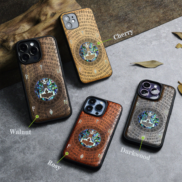 Mjölnir and the Runes, Hand-Inlaid Wood & Mother of Pearl Case - Artisanal Cover for Apple iPhone