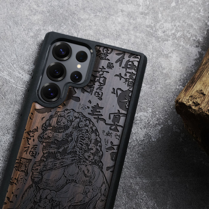 The Chinese Guardian Lions, Classic Engraved Wood & TPU Case - Artisanal Cover for Samsung Galaxy