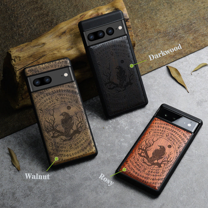 Raven's Arcanum, Classic Engraved Wood & TPU Case - Artisanal Cover for Google Pixel