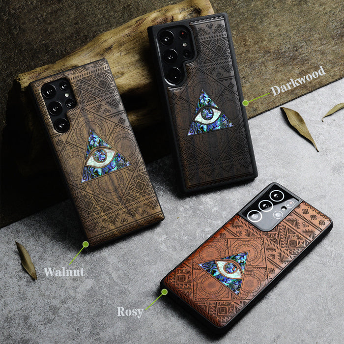 The All-Seeing Eye, Hand-Inlaid Wood & Mother of Pearl Case - Artisanal Cover for Samsung Galaxy