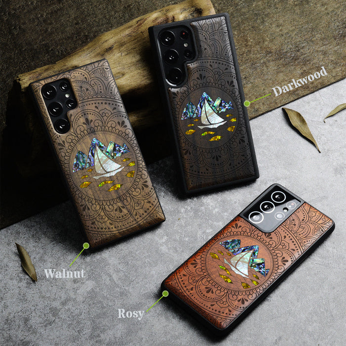 Oceanic Mandala Calm, Hand-Inlaid Wood & Mother of Pearl Case - Artisanal Cover for Samsung Galaxy