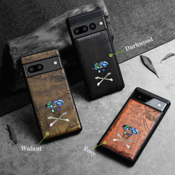 The Pirate's Legacy, Hand-Inlaid Wood & Mother of Pearl Case - Artisanal Cover for Google Pixel