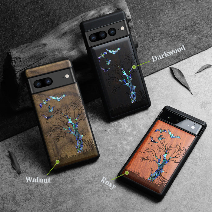 Gothic Night, Hand-Inlaid Wood & Mother of Pearl Case - Artisanal Cover for Google Pixel