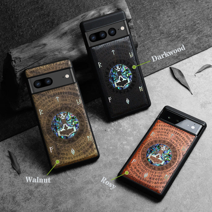 Mjölnir and the Runes, Hand-Inlaid Wood & Mother of Pearl Case - Artisanal Cover for Google Pixel