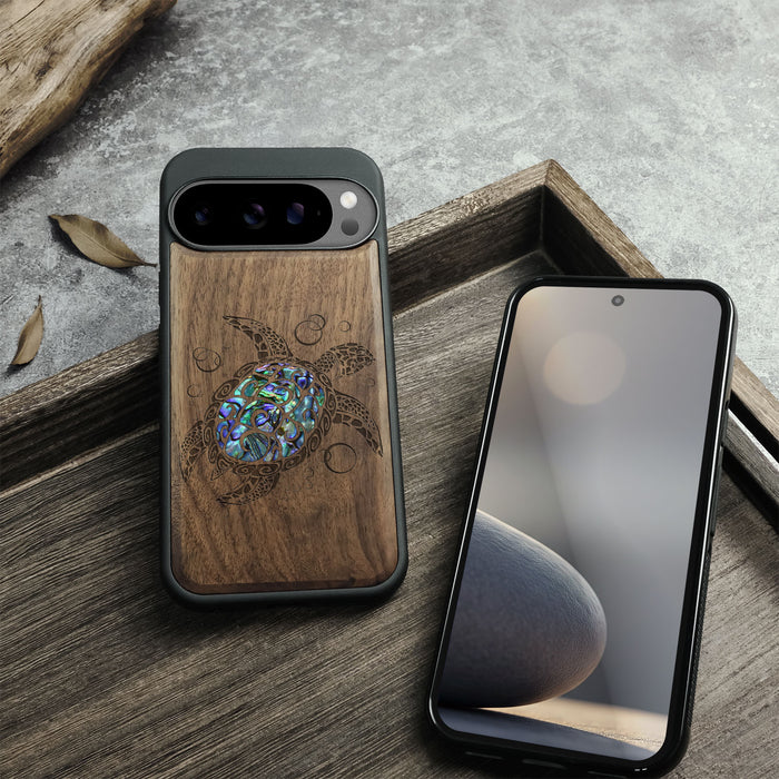 The Maori Turtle, Hand-Inlaid Wood & Mother of Pearl Case - Artisanal Cover for Google Pixel