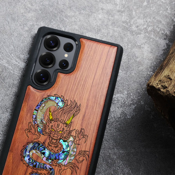 The Oriental Dragon, Hand-Inlaid Wood & Mother of Pearl Case - Artisanal Cover for Samsung Galaxy