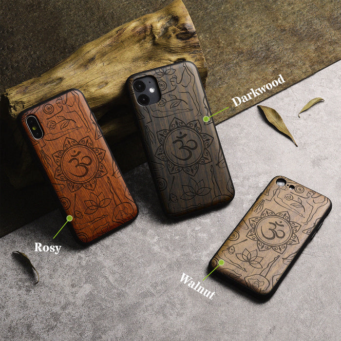 The Yoga Essence, Classic Engraved Wood & TPU Case - Artisanal Cover for Apple iPhone