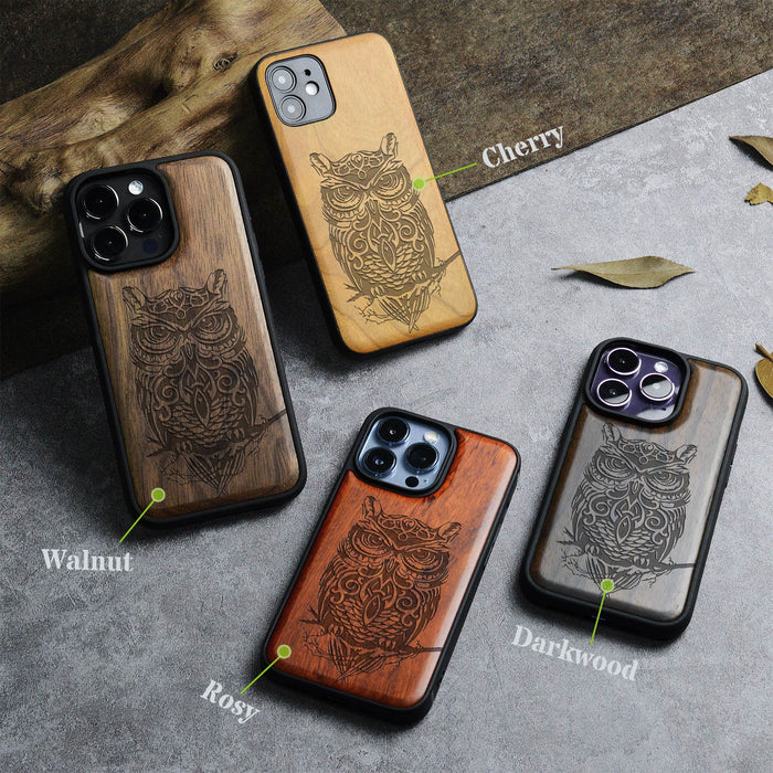 An Owl Perched on a Branch, Classic Engraved Wood & TPU Case - Artisanal Cover for Apple iPhone