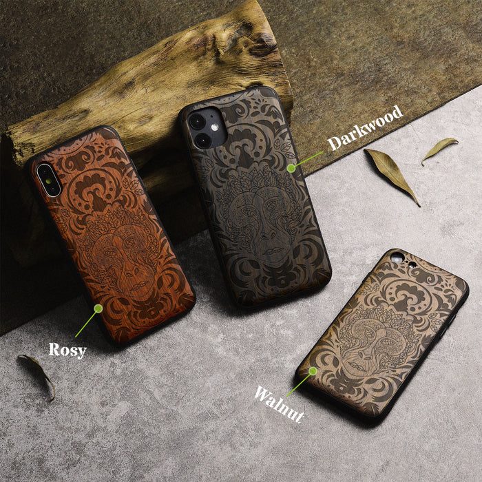 The Leafy Visage, Classic Engraved Wood & TPU Case - Artisanal Cover for Apple iPhone