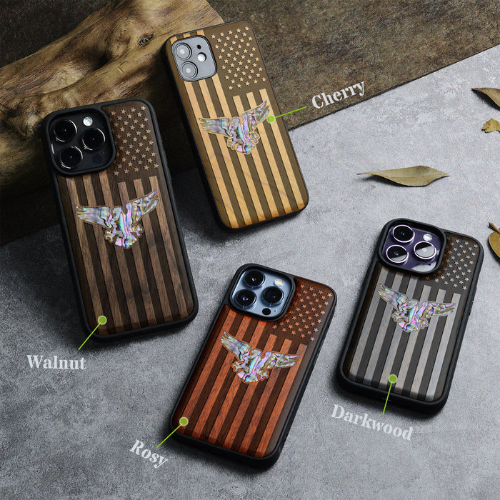 Bald Eagle and Flag, Hand-Inlaid Wood & Mother of Pearl Case - Artisanal Cover for Apple iPhone