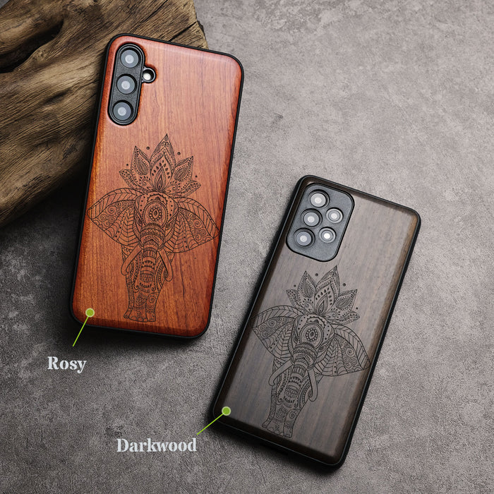 African Elephant in Linework Art, Classic Engraved Wood & TPU Case - Artisanal Cover for Samsung Galaxy