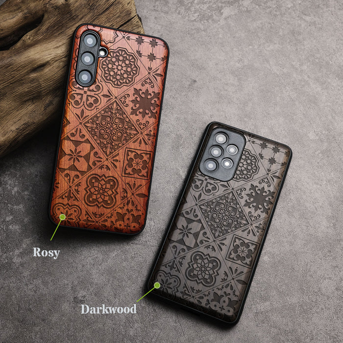 A Dynamic Tapestry of Traditional Moroccan Tiles, Classic Engraved Wood & TPU Case - Artisanal Cover for Samsung Galaxy