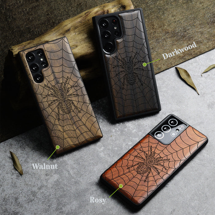 Elegant Webbed Wonder, Classic Engraved Wood & TPU Case - Artisanal Cover for Samsung Galaxy