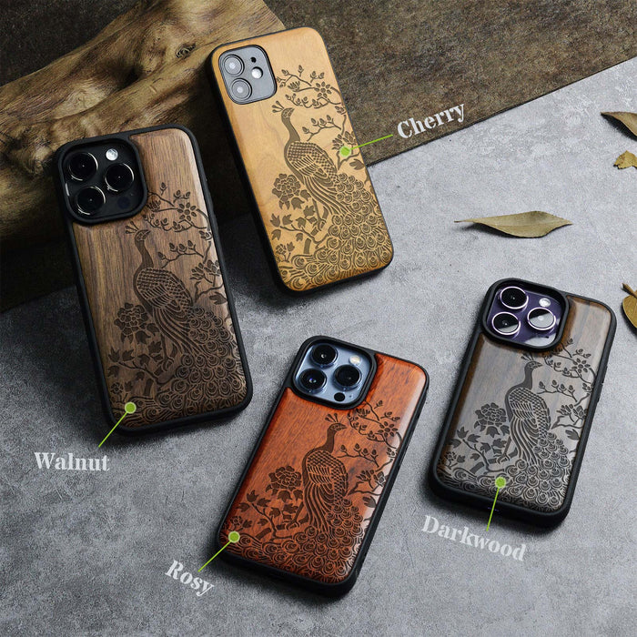 The Majestic Asian Peacock, Classic Engraved Wood & TPU Case - Artisanal Cover for Apple iPhone