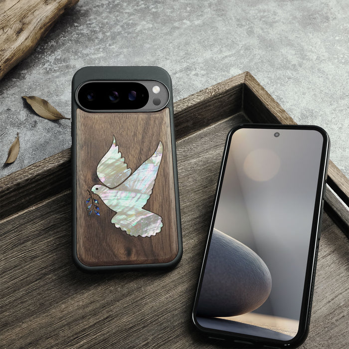The Dove with Olive Branch, Hand-Inlaid Wood & Mother of Pearl Case - Artisanal Cover for Google Pixel