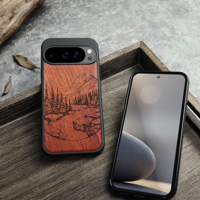 The Lake and Mountain Landscape, Classic Engraved Wood & TPU Case - Artisanal Cover for Google Pixel