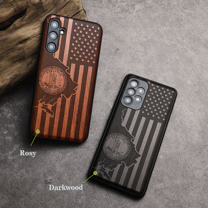 Virginia and Star Flag, Classic Engraved Wood & TPU Case - Artisanal Cover for Samsung Galaxy