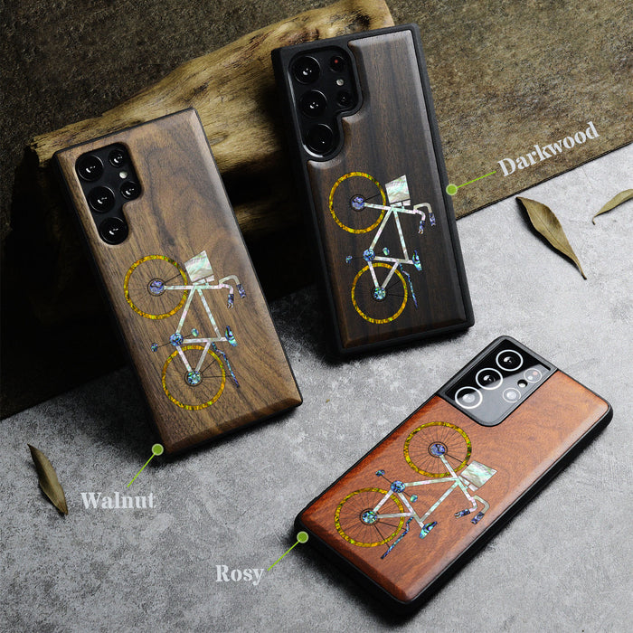 Classic Bicycle Silhouette, Hand-Inlaid Wood & Mother of Pearl Case - Artisanal Cover for Samsung Galaxy