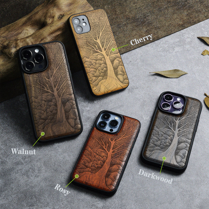 The Lino Print Tree, Classic Engraved Wood & TPU Case - Artisanal Cover for Apple iPhone