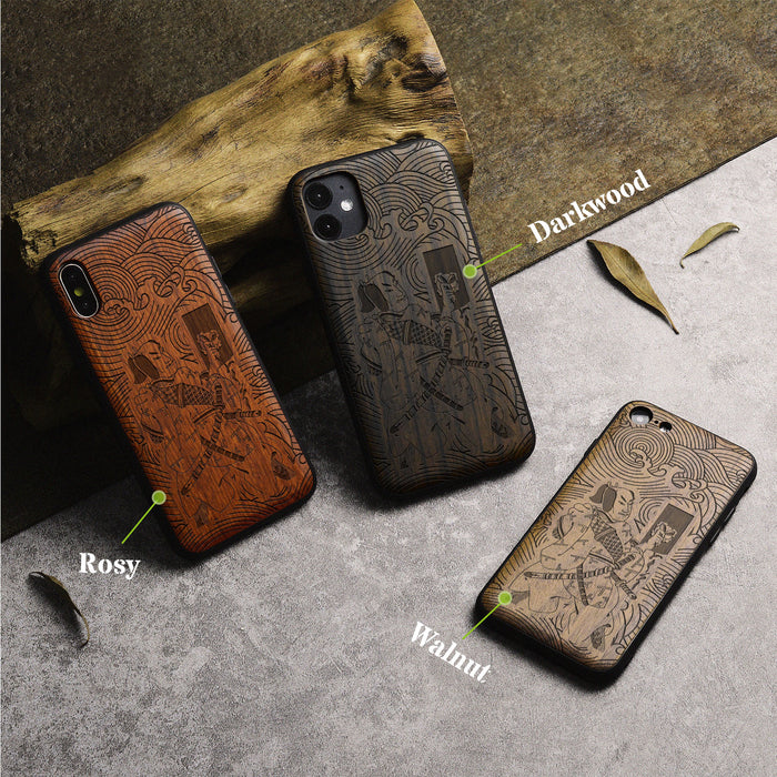 The Samurai's Stand Amidst the Tempest, Classic Engraved Wood & TPU Case - Artisanal Cover for Apple iPhone