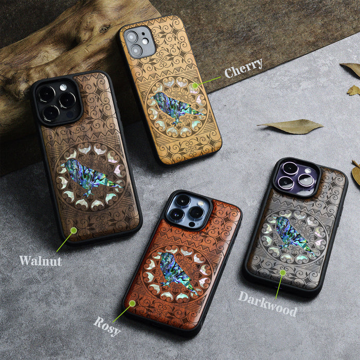 The Zentangle Crow, Hand-Inlaid Wood & Mother of Pearl Case - Artisanal Cover for Apple iPhone