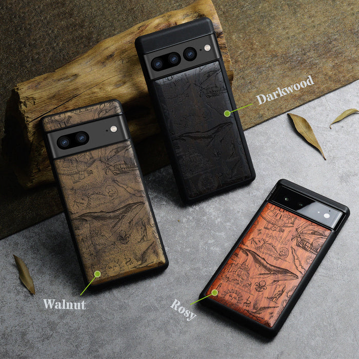 A Voyage of Vintage Visions, Classic Engraved Wood & TPU Case - Artisanal Cover for Google Pixel