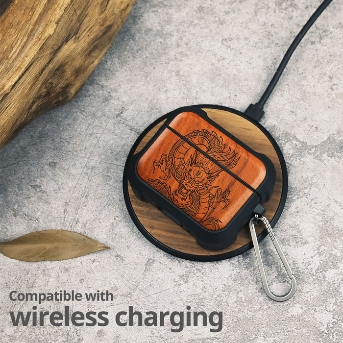 Oriental Dragon - Wood Artisan Engraved & Shell Hand-Inlaid Cover - Artisanal Case for Apple AirPods (Titanium Quick Released Clasp)