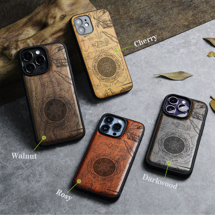 Viking Shield Amidst Maritime Treasures, Classic Engraved Wood & TPU Case - Artisanal Cover for Apple iPhone