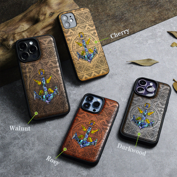 Voyage Intrigue, Hand-Inlaid Wood & Mother of Pearl Case - Artisanal Cover for Apple iPhone