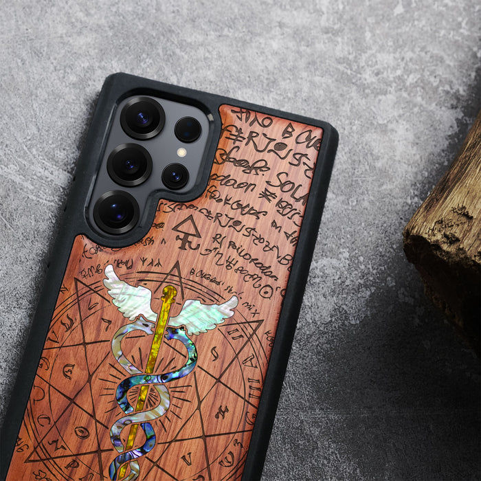 An Octagonal Star Embrace, Hand-Inlaid Wood & Mother of Pearl Case - Artisanal Cover for Samsung Galaxy