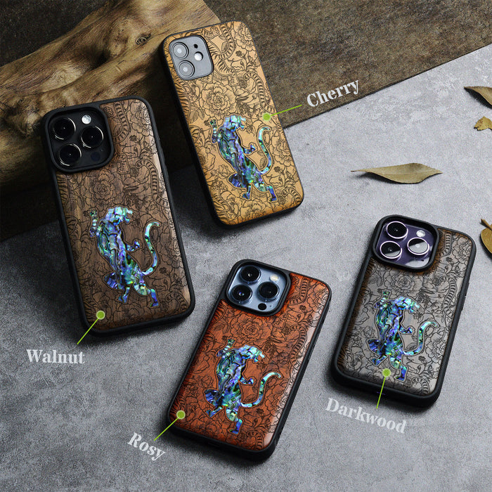 A Tiger Amidst Flowers, Hand-Inlaid Wood & Mother of Pearl Case - Artisanal Cover for Apple iPhone