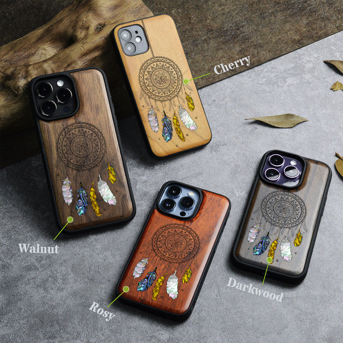 Dreamcatcher's Embrace, Hand-Inlaid Wood & Mother of Pearl Case - Artisanal Cover for Apple iPhone